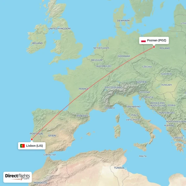 Poznan - Lisbon direct flight map