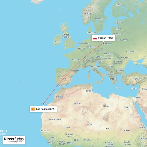 Poznan - Las Palmas direct flight map