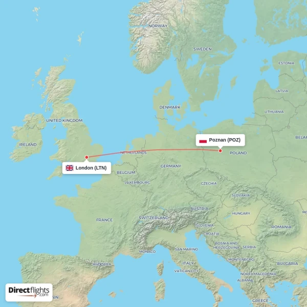 Poznan - London direct flight map
