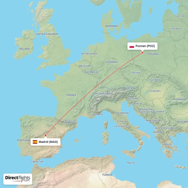 Poznan - Madrid direct flight map