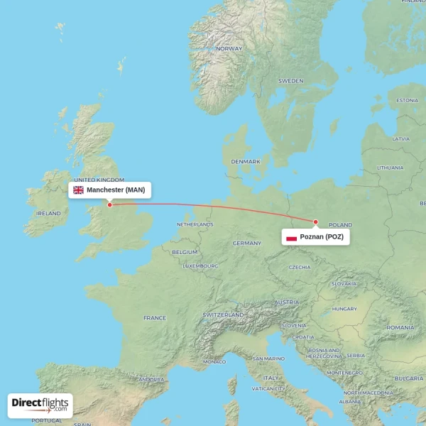Poznan - Manchester direct flight map