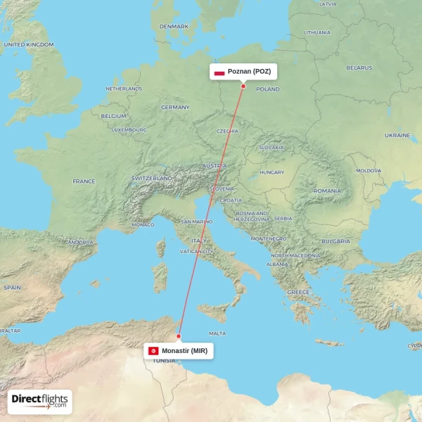 Poznan - Monastir direct flight map
