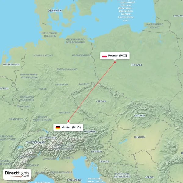 Poznan - Munich direct flight map