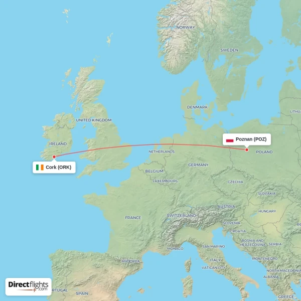 Poznan - Cork direct flight map