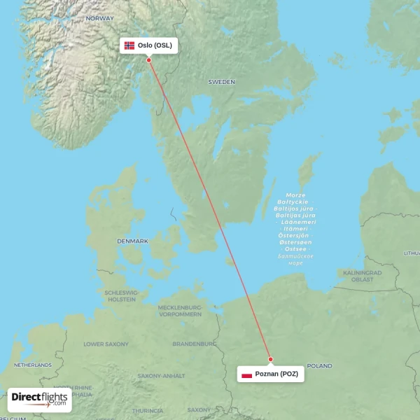Poznan - Oslo direct flight map