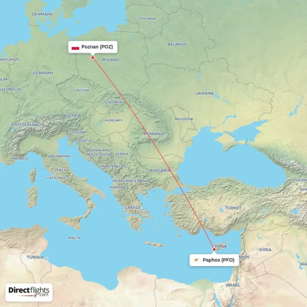 Poznan - Paphos direct flight map