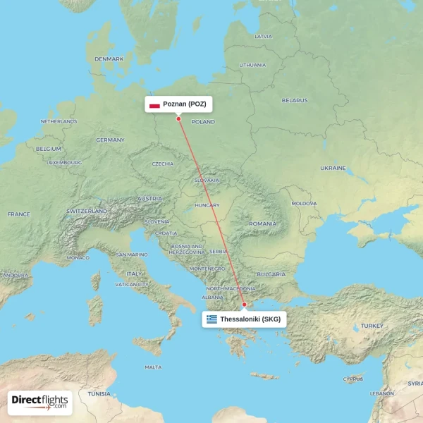 Poznan - Thessaloniki direct flight map