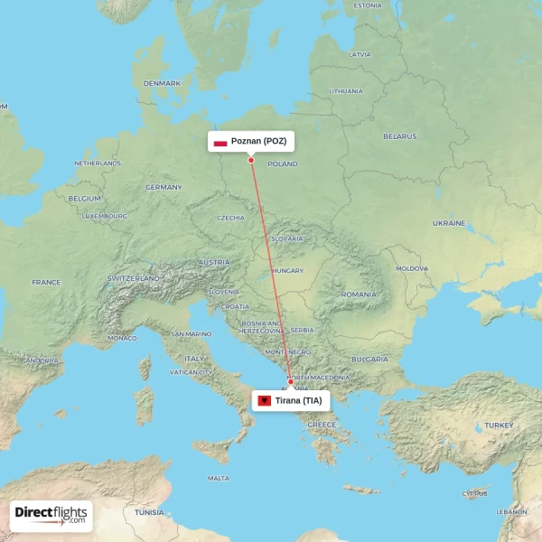 Poznan - Tirana direct flight map