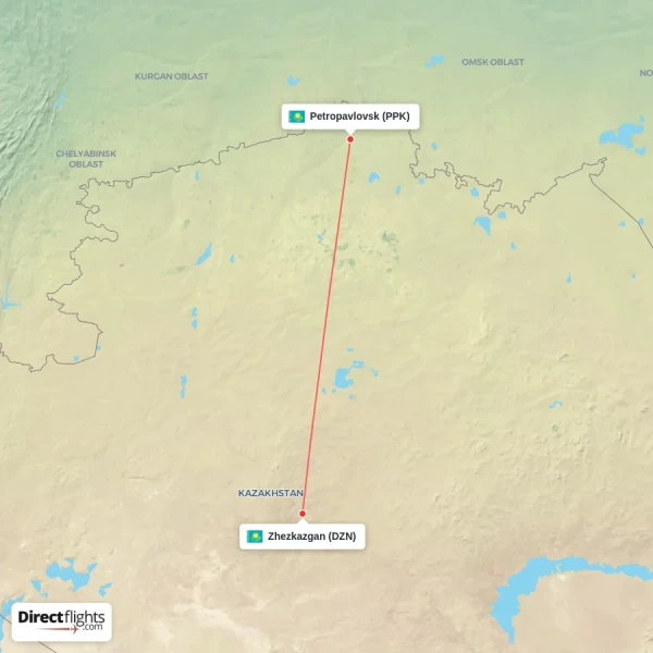 Petropavlovsk - Zhezkazgan direct flight map