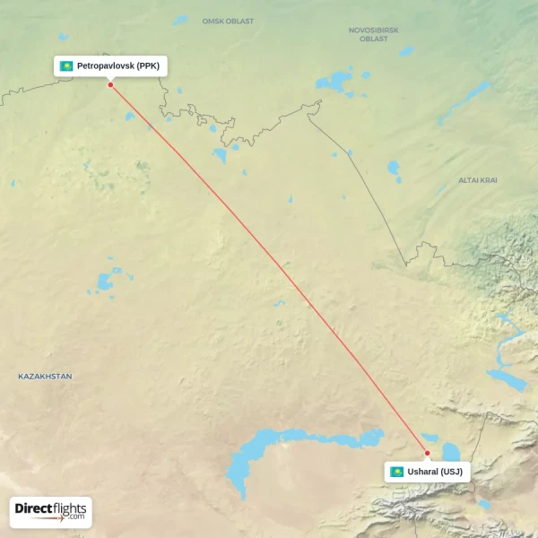 Petropavlovsk - Usharal direct flight map