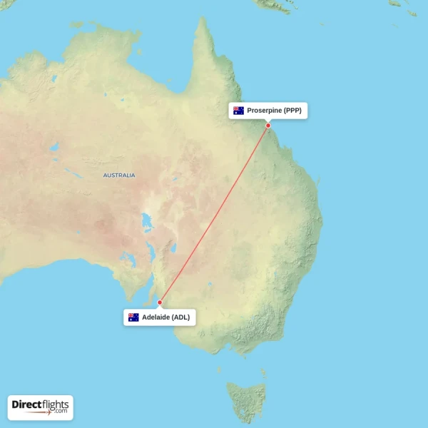 Proserpine - Adelaide direct flight map