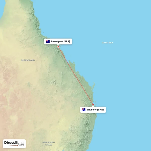 Proserpine - Brisbane direct flight map