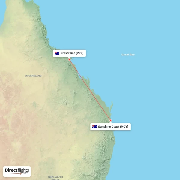 Proserpine - Sunshine Coast direct flight map
