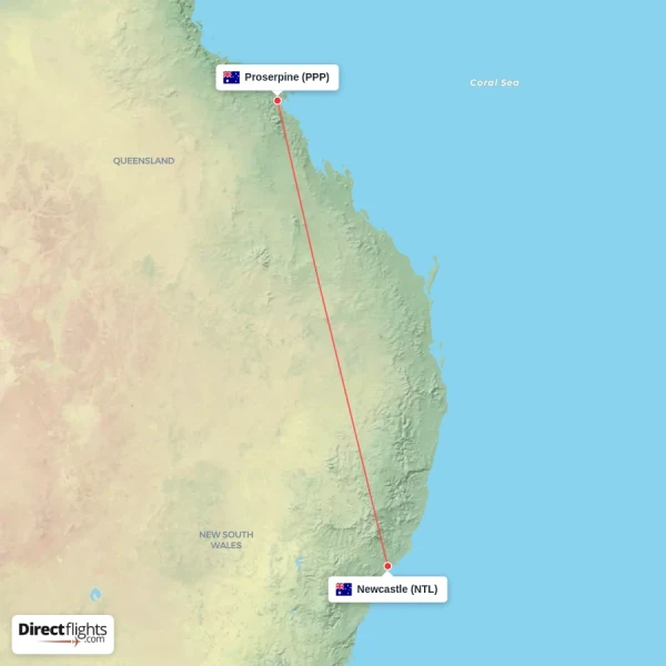 Proserpine - Newcastle direct flight map