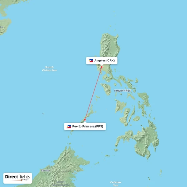 Puerto Princesa - Angeles direct flight map