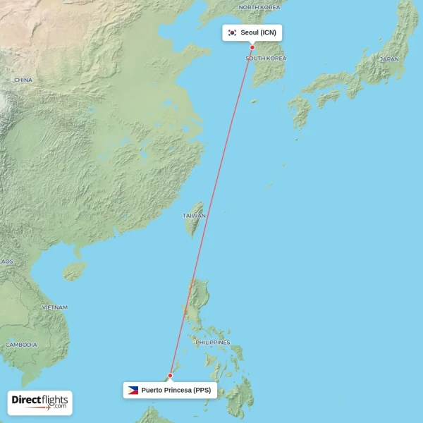 Puerto Princesa - Seoul direct flight map