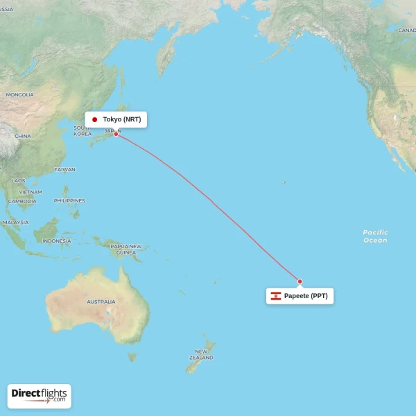 Papeete - Tokyo direct flight map