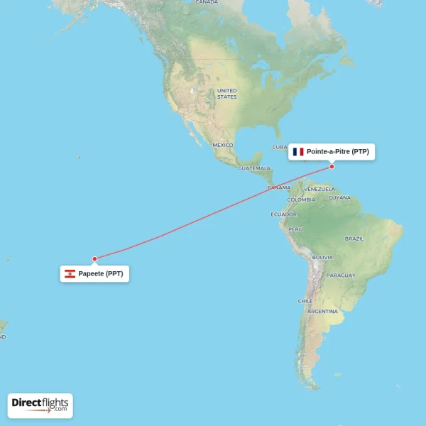 Papeete - Pointe-a-Pitre direct flight map