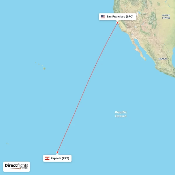 Papeete - San Francisco direct flight map