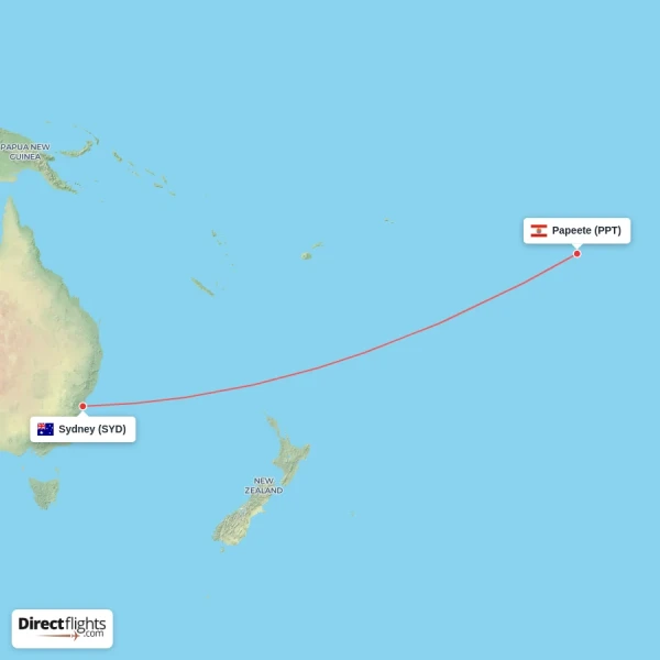 Papeete - Sydney direct flight map