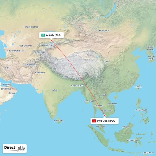 Phu Quoc - Almaty direct flight map