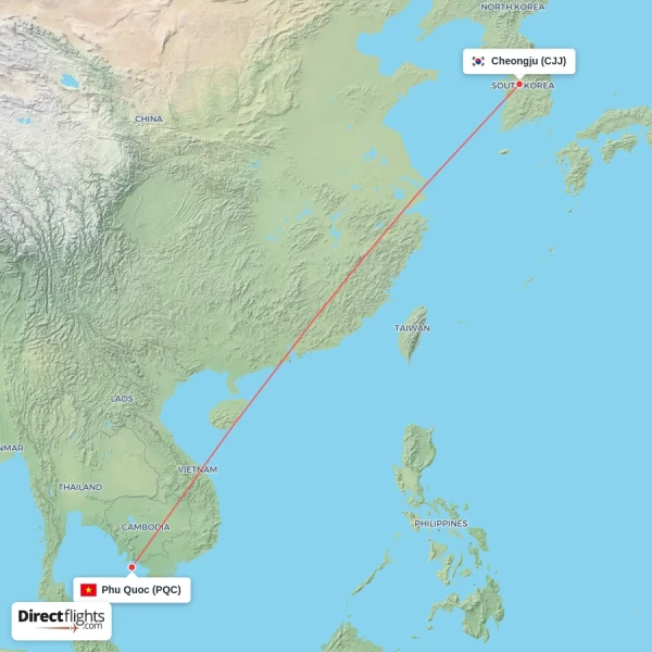 Phu Quoc - Cheongju direct flight map