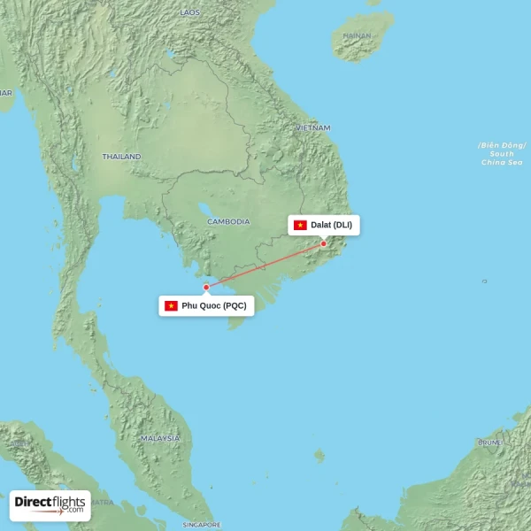 Phu Quoc - Dalat direct flight map