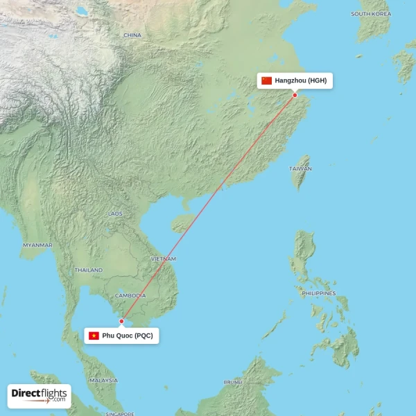 Phu Quoc - Hangzhou direct flight map