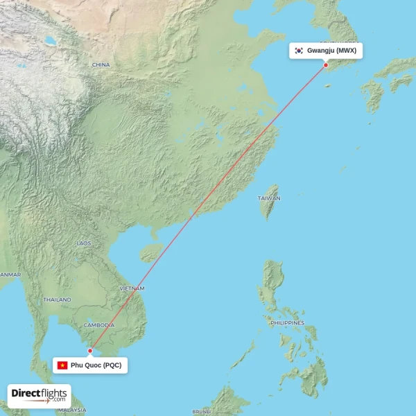 Phu Quoc - Gwangju direct flight map
