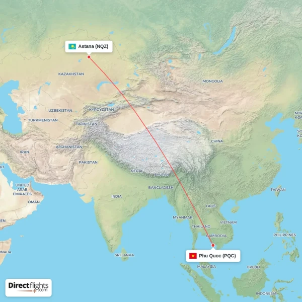 Phu Quoc - Astana direct flight map