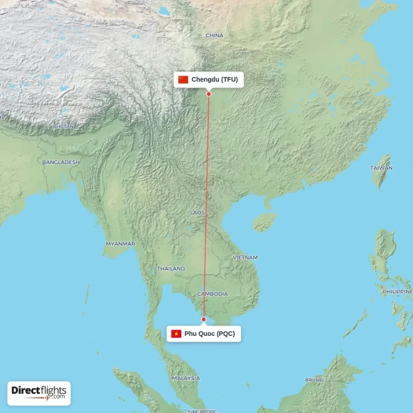 Phu Quoc - Chengdu direct flight map