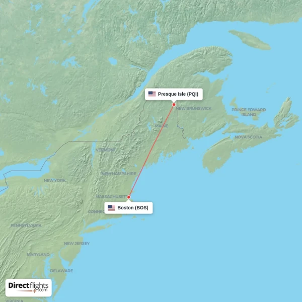 Presque Isle - Boston direct flight map