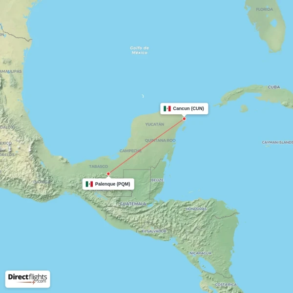 Palenque - Cancun direct flight map