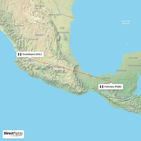 Palenque - Guadalajara direct flight map