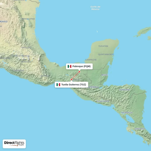 Palenque - Tuxtla Gutierrez direct flight map