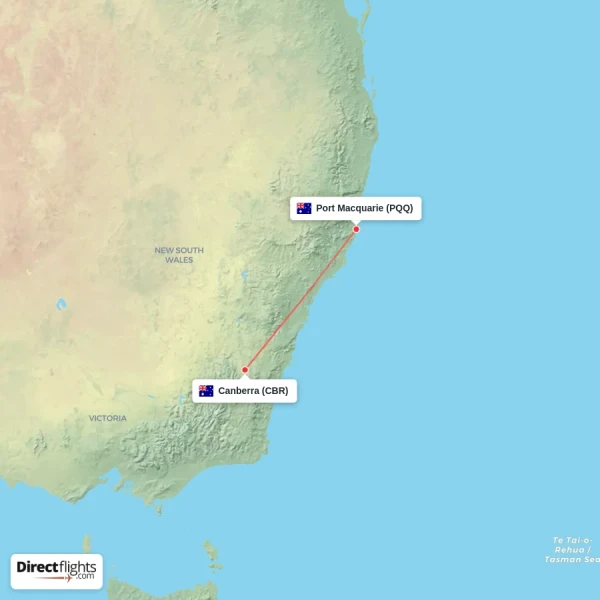 Port Macquarie - Canberra direct flight map