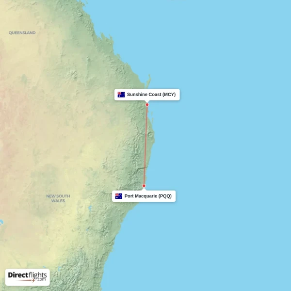 Port Macquarie - Sunshine Coast direct flight map