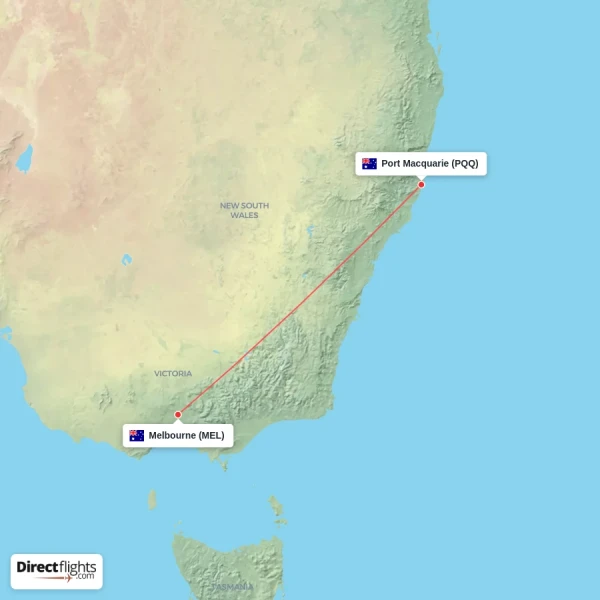 Port Macquarie - Melbourne direct flight map