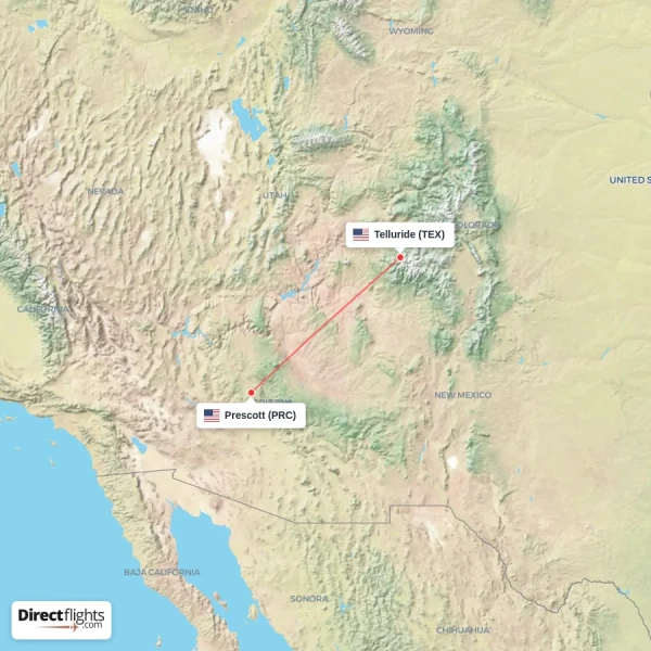 Prescott - Telluride direct flight map