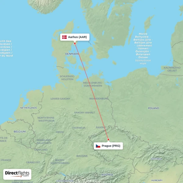 Prague - Aarhus direct flight map