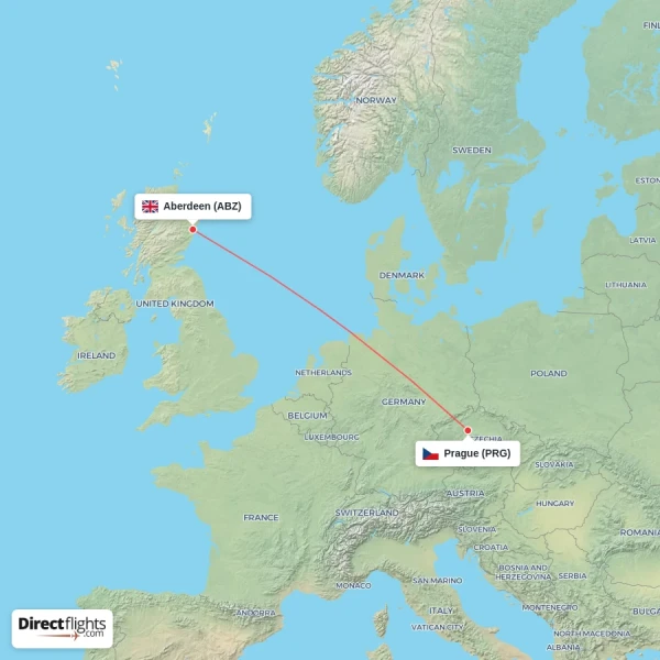 Prague - Aberdeen direct flight map