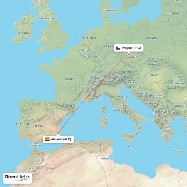 Prague - Alicante direct flight map