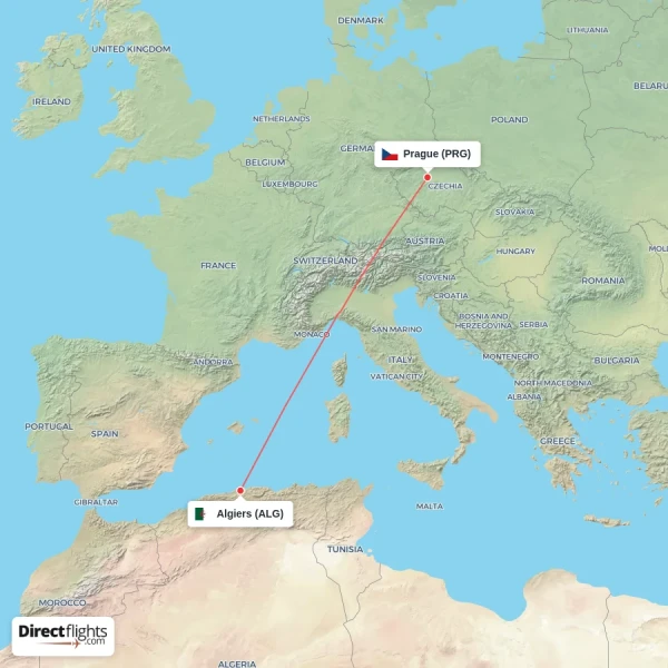 Prague - Algiers direct flight map