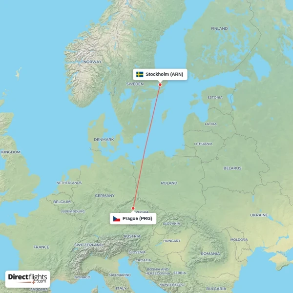 Prague - Stockholm direct flight map