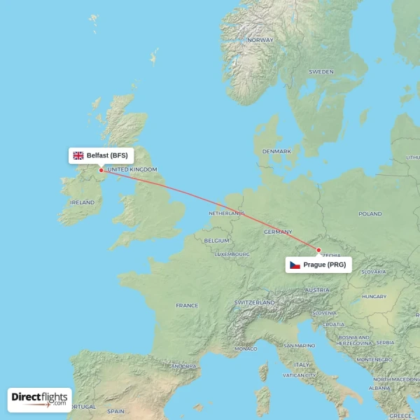 Prague - Belfast direct flight map