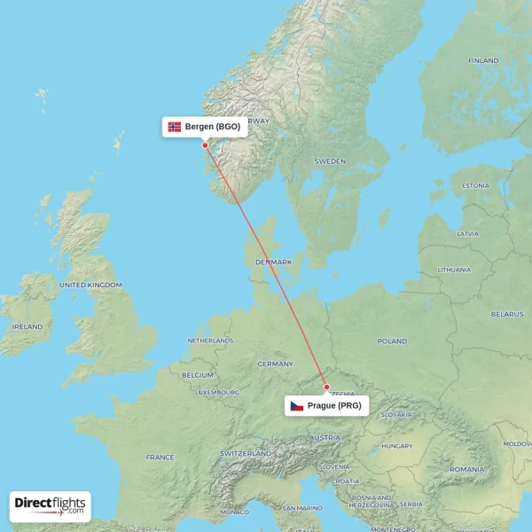 Prague - Bergen direct flight map