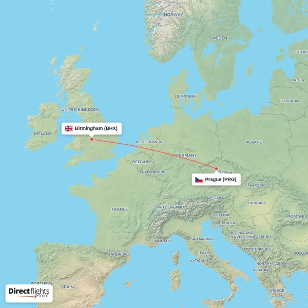 Prague - Birmingham direct flight map