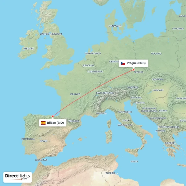 Prague - Bilbao direct flight map