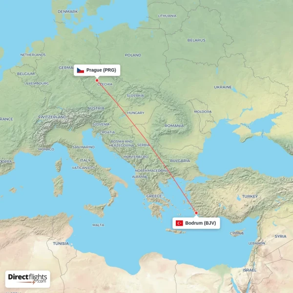 Prague - Bodrum direct flight map