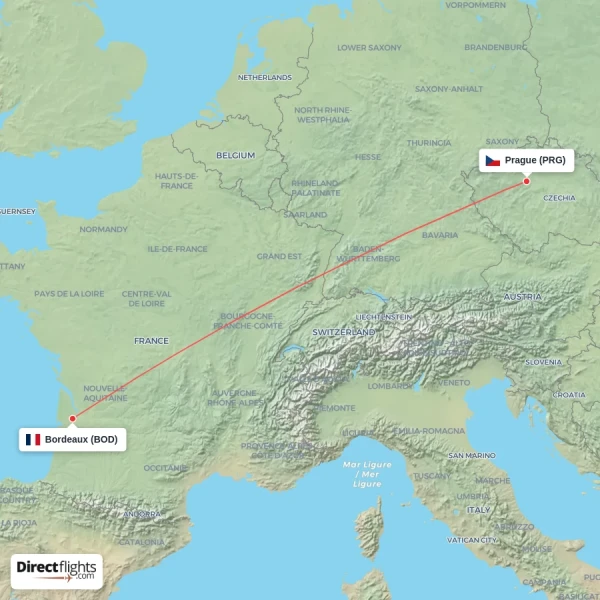 Prague - Bordeaux direct flight map